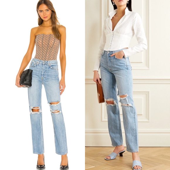 GRLFRND The Mica Distressed High Waisted Straight Leg Blue Jeans - Picture 2 of 11